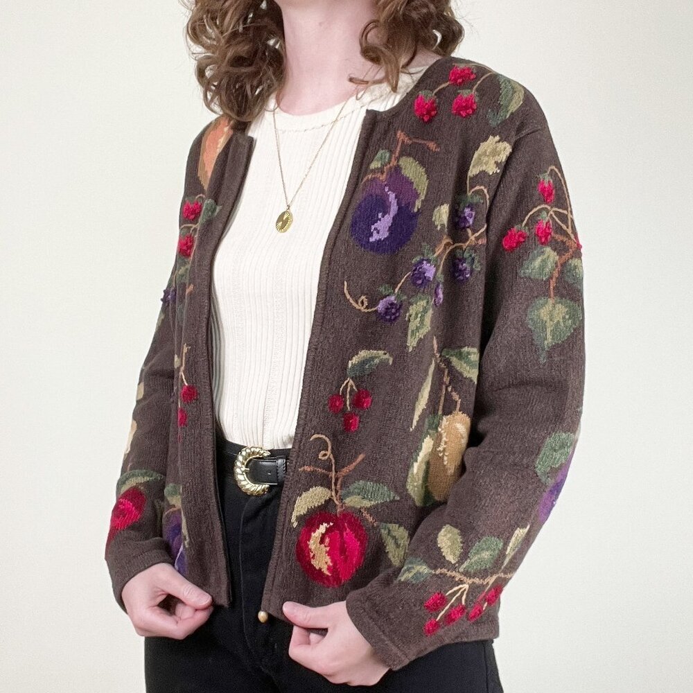Vintage Novelty Knit Fruit Cardigan Sweater Silk Cotton Whimsical Cottagecore - Picture 2 of 14